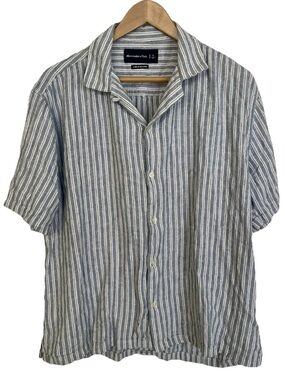 Abercrombie & Fitch Mens Linen Blend Striped Camp Collar Shirt Large Blue White